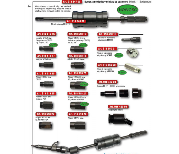 Wyciągacz wtryskiwaczy zestaw 15 adapterów BOSCH / DELPHI / DENSO / SIEMENS-918 547 00